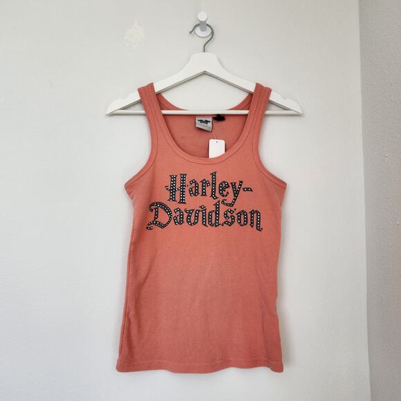 Y2K Peach Orange Waffle Knit Harley-Davidson Tank Top Rhinestone Velvet Back S - Picture 1 of 6